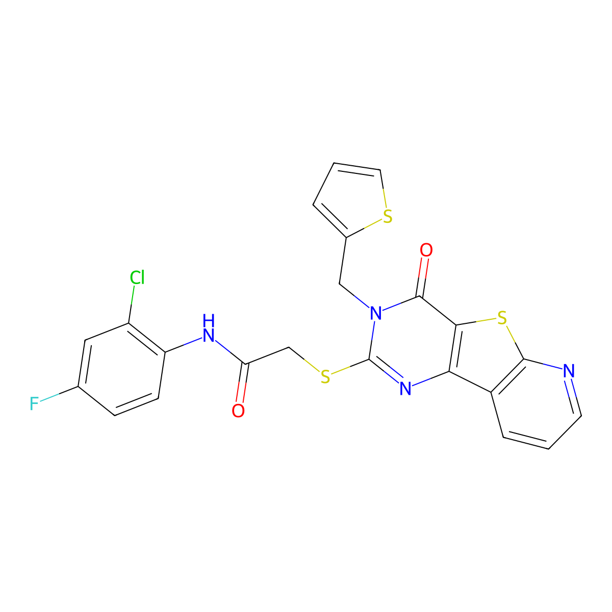 N-(2-chloro-4-fluorophenyl)-2-({6-oxo-5-[(thiophen-2-yl)methyl]-8-thia-3,5,10-triazatricyclo[7.4.0.0^{2,7}]trideca-1(9),2(7),3,10,12-pentaen-4-yl}sulfanyl)acetamide molecular structure, CAS 1030121-31-3