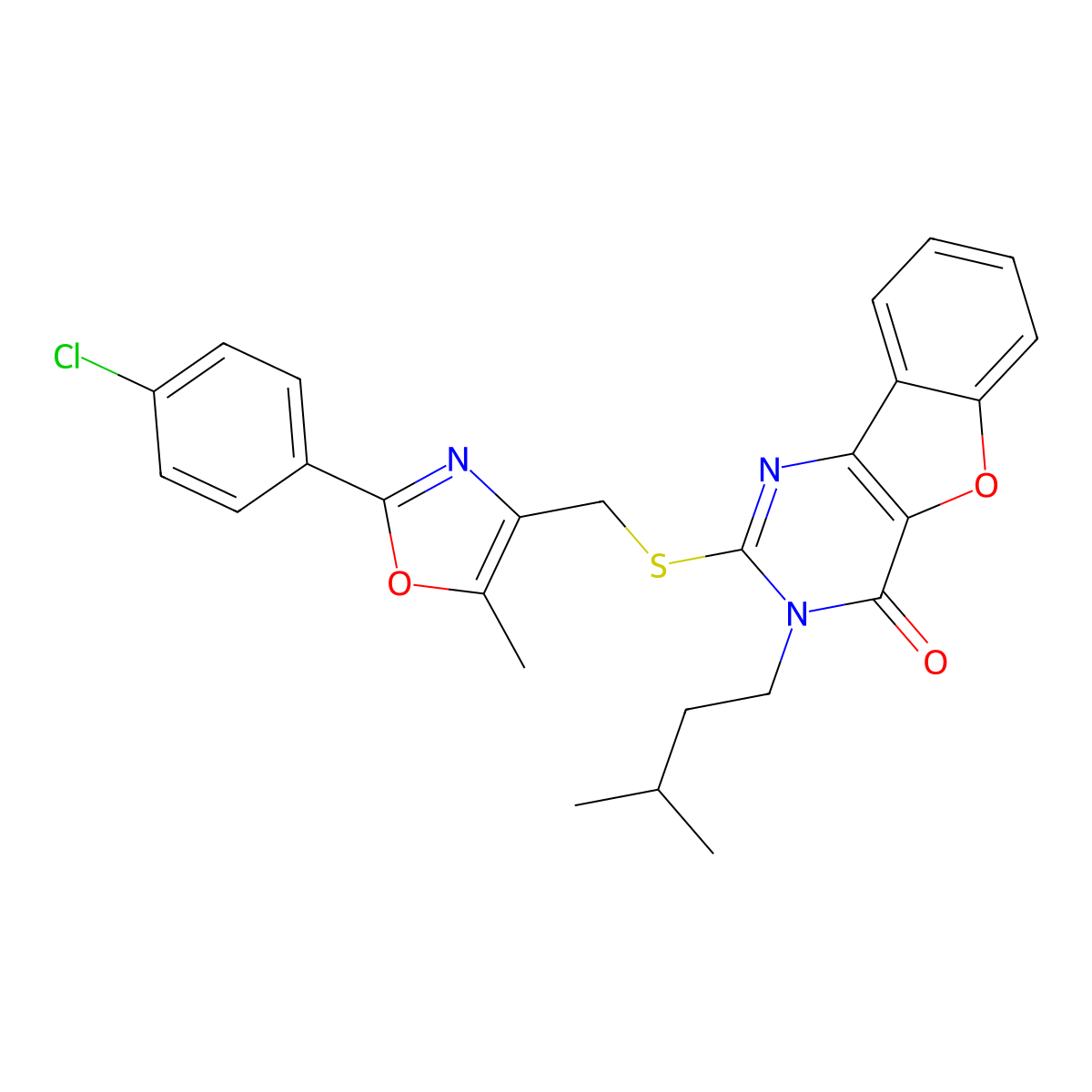 2-(((2-(4-chlorophenyl)-5-methyloxazol-4-yl)methyl)thio)-3-isopentylbenzofuro[3,2-d]pyrimidin-4(3H)-one molecular structure, CAS 1030121-64-2