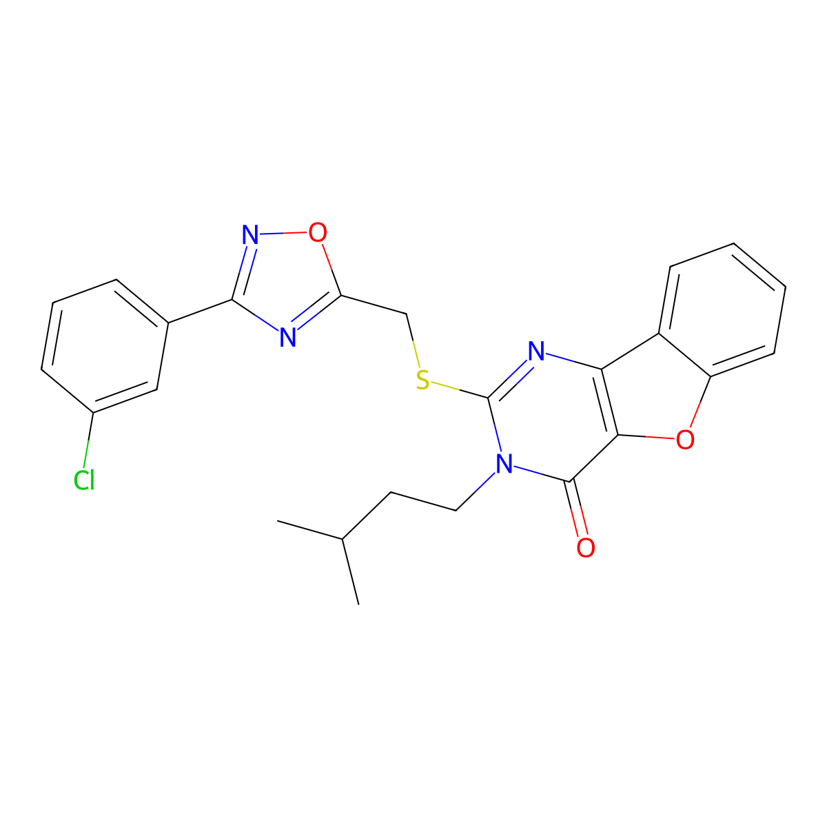 2-(((3-(3-chlorophenyl)-1,2,4-oxadiazol-5-yl)methyl)thio)-3-isopentylbenzofuro[3,2-d]pyrimidin-4(3H)-one molecular structure, CAS 1030121-69-7
