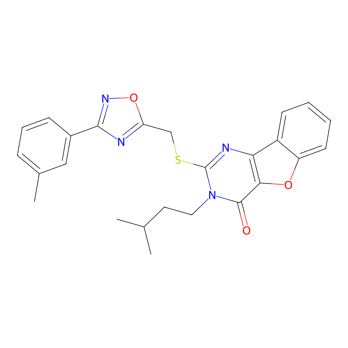 3-isopentyl-2-(((3-(m-tolyl)-1,2,4-oxadiazol-5-yl)methyl)thio)benzofuro[3,2-d]pyrimidin-4(3H)-one molecular structure, CAS 1030122-04-3