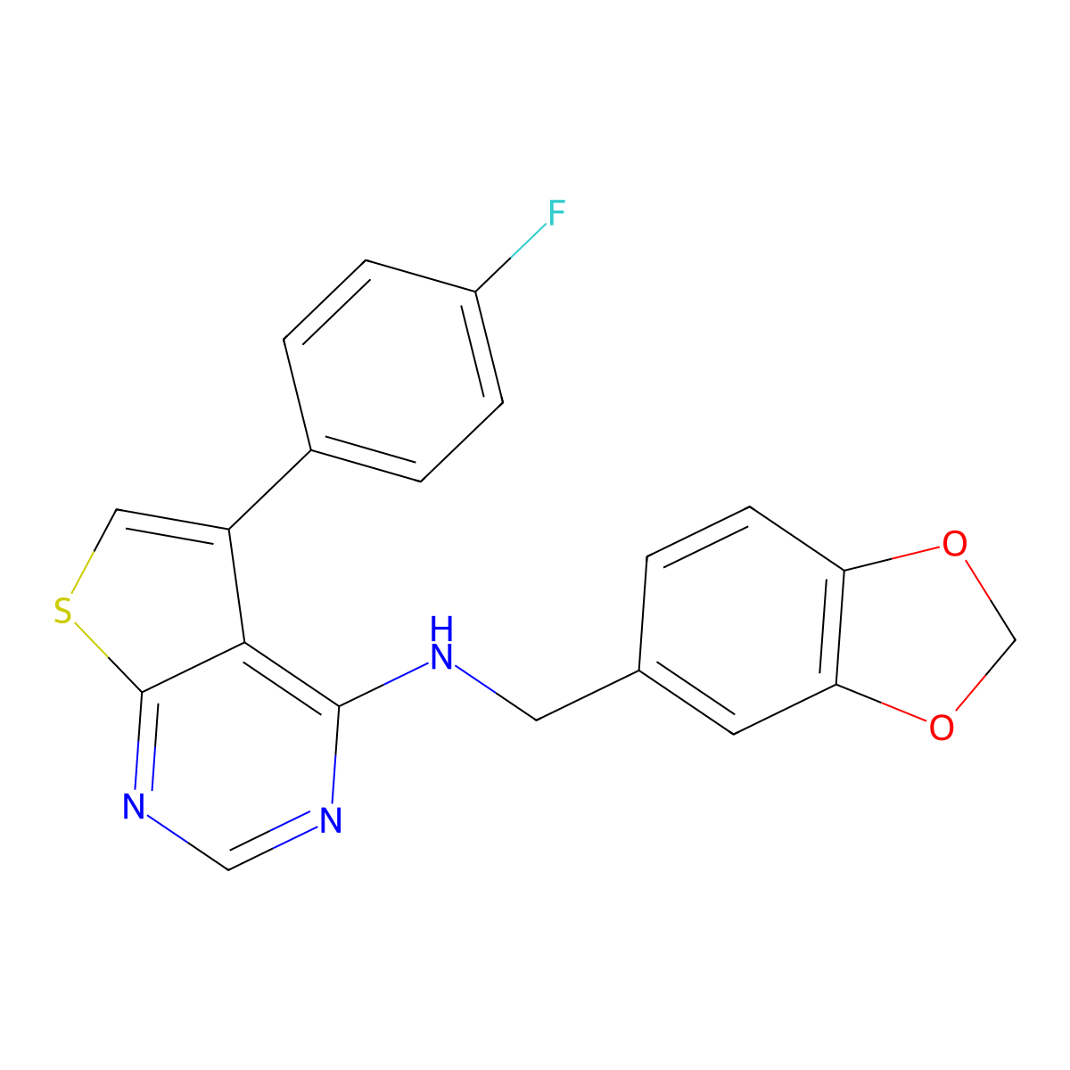 N-(benzo[d][1,3]dioxol-5-ylmethyl)-5-(4-fluorophenyl)thieno[2,3-d]pyrimidin-4-amine molecular structure, CAS 1030123-90-0
