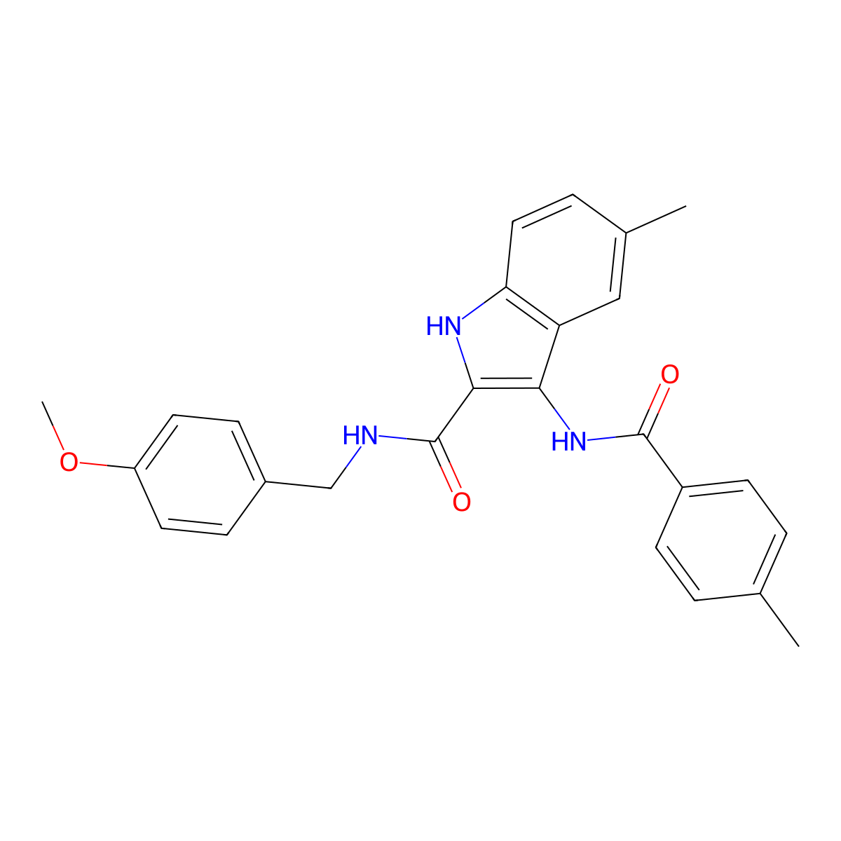 N-[(4-methoxyphenyl)methyl]-5-methyl-3-(4-methylbenzamido)-1H-indole-2-carboxamide molecular structure, CAS 1030126-29-4