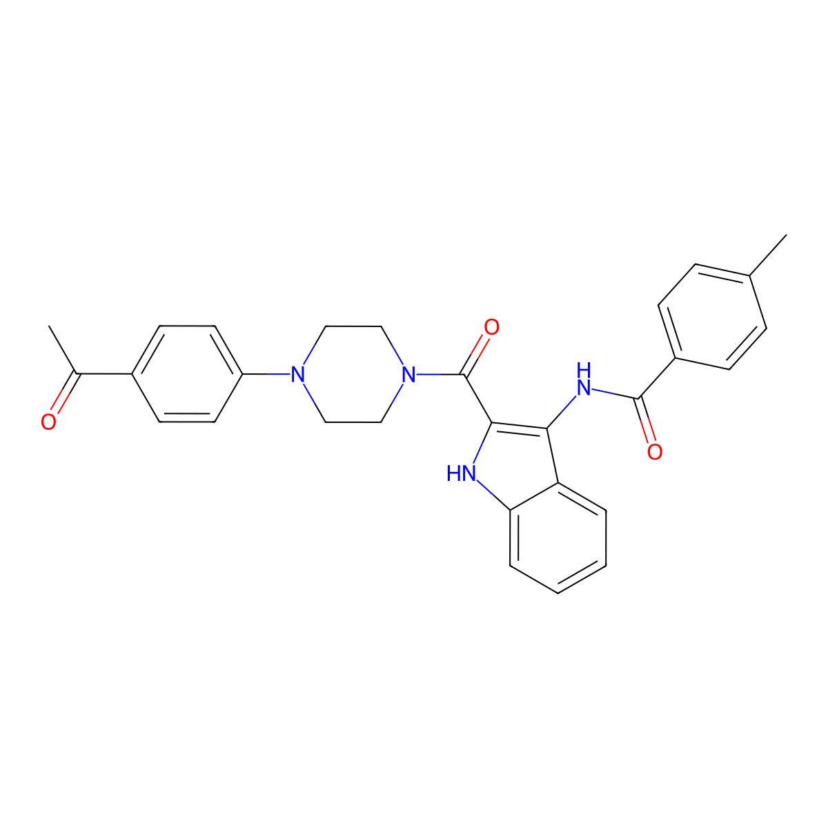 N-{2-[4-(4-acetylphenyl)piperazine-1-carbonyl]-1H-indol-3-yl}-4-methylbenzamide molecular structure, CAS 1030126-65-8