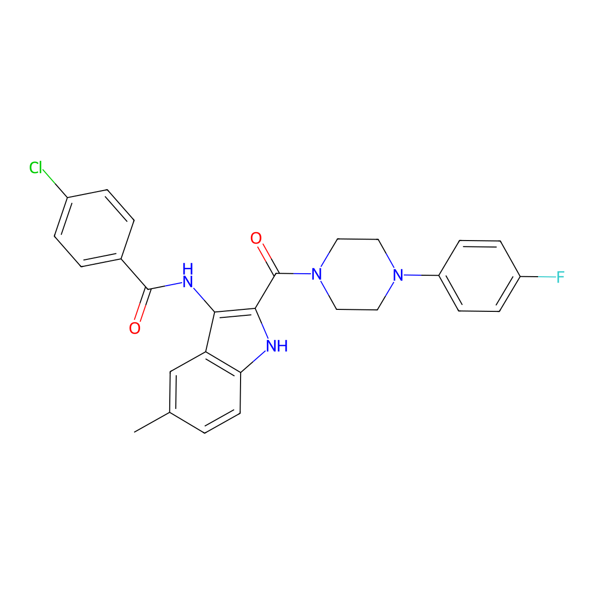 4-chloro-N-{2-[4-(4-fluorophenyl)piperazine-1-carbonyl]-5-methyl-1H-indol-3-yl}benzamide molecular structure, CAS 1030126-83-0