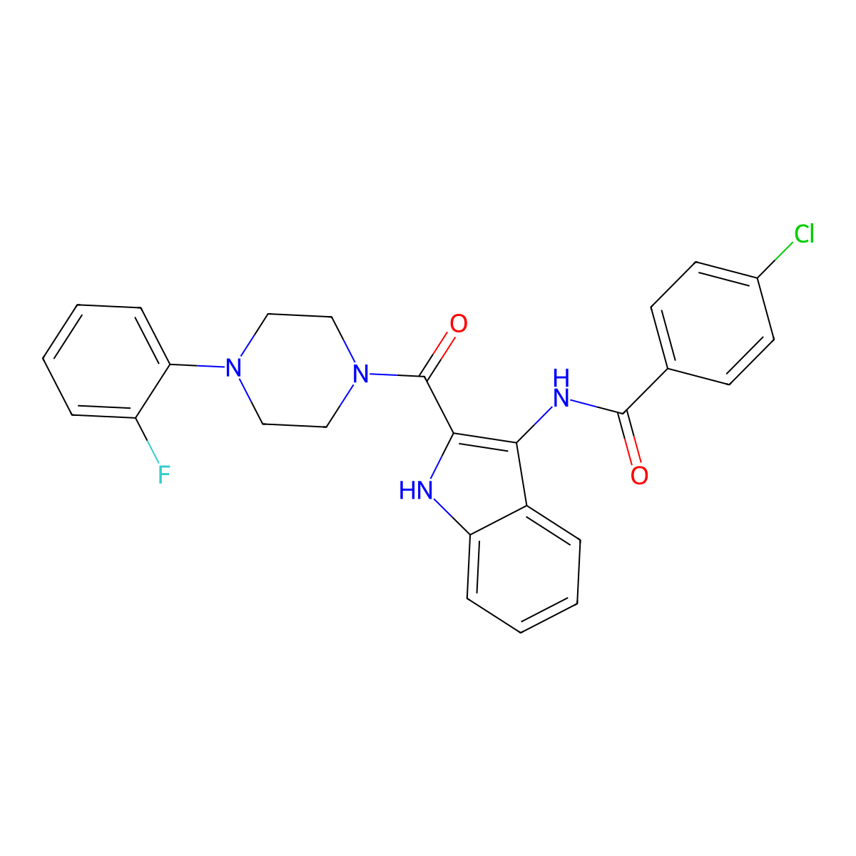 4-chloro-N-{2-[4-(2-fluorophenyl)piperazine-1-carbonyl]-1H-indol-3-yl}benzamide molecular structure, CAS 1030127-04-8