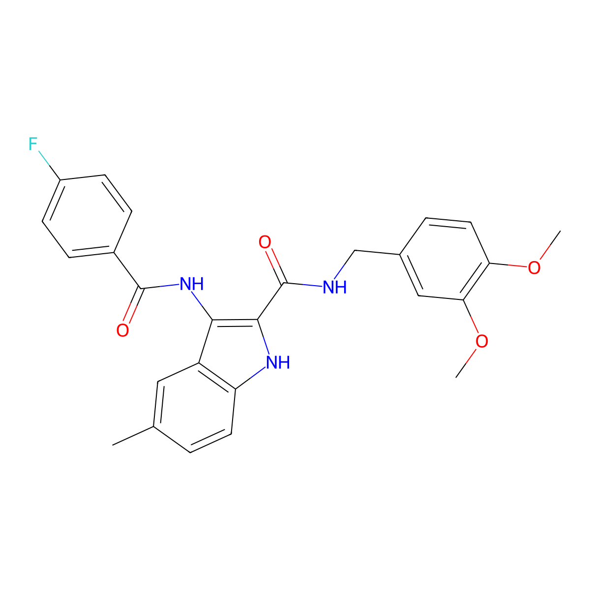 N-(3,4-dimethoxybenzyl)-3-(4-fluorobenzamido)-5-methyl-1H-indole-2-carboxamide molecular structure, CAS 1030127-19-5