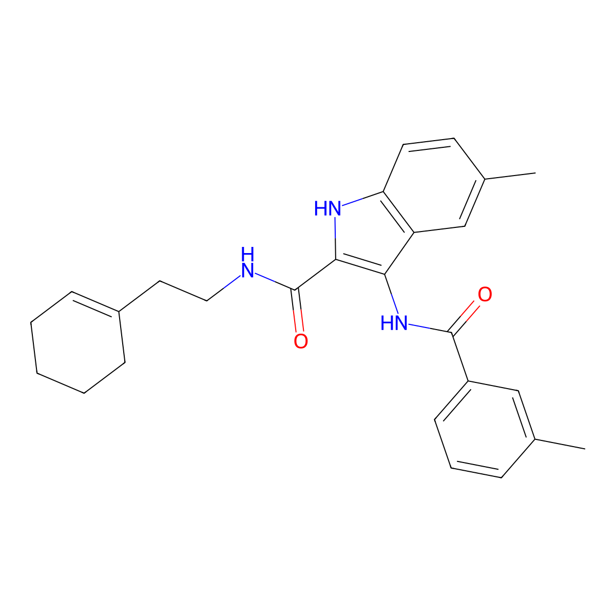 N-[2-(cyclohex-1-en-1-yl)ethyl]-5-methyl-3-(3-methylbenzamido)-1H-indole-2-carboxamide molecular structure, CAS 1030127-36-6