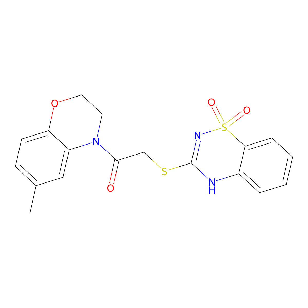 2-((1,1-dioxido-4H-benzo[e][1,2,4]thiadiazin-3-yl)thio)-1-(6-methyl-2H-benzo[b][1,4]oxazin-4(3H)-yl)ethanone molecular structure, CAS 1030131-46-4