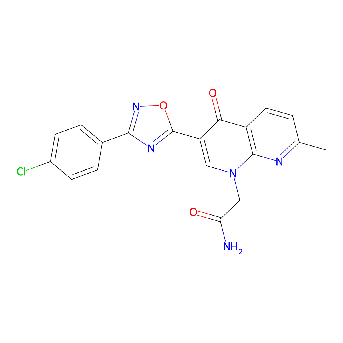2-(3-(3-(4-chlorophenyl)-1,2,4-oxadiazol-5-yl)-7-methyl-4-oxo-1,8-naphthyridin-1(4H)-yl)acetamide molecular structure, CAS 1030131-98-6