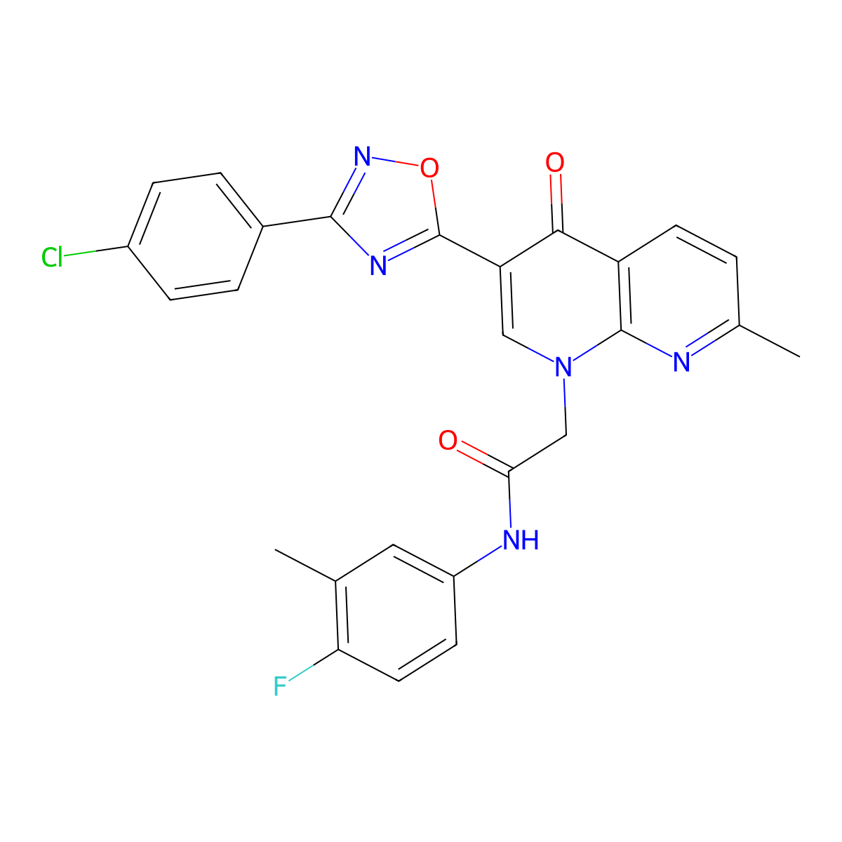2-{3-[3-(4-chlorophenyl)-1,2,4-oxadiazol-5-yl]-7-methyl-4-oxo-1,4-dihydro-1,8-naphthyridin-1-yl}-N-(4-fluoro-3-methylphenyl)acetamide molecular structure, CAS 1030132-23-0