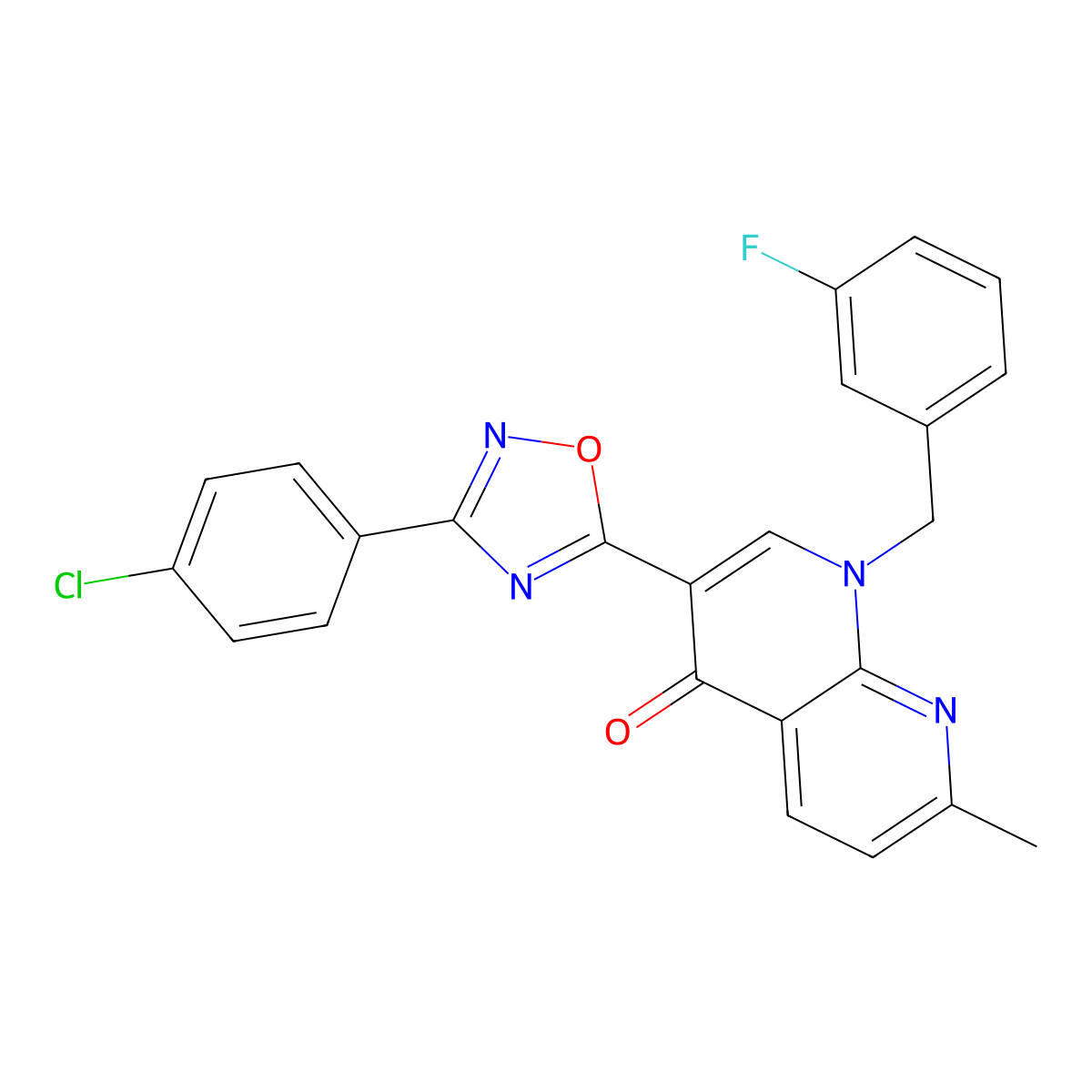 3-(3-(4-chlorophenyl)-1,2,4-oxadiazol-5-yl)-1-(3-fluorobenzyl)-7-methyl-1,8-naphthyridin-4(1H)-one molecular structure, CAS 1030132-40-1