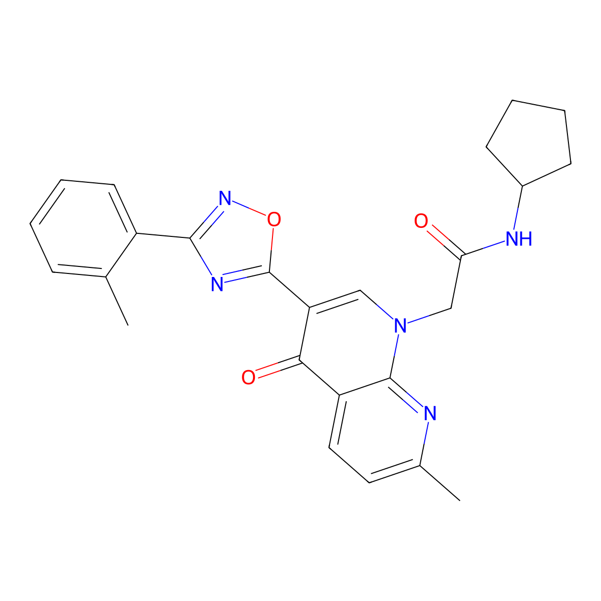 N-cyclopentyl-2-(7-methyl-4-oxo-3-(3-(o-tolyl)-1,2,4-oxadiazol-5-yl)-1,8-naphthyridin-1(4H)-yl)acetamide molecular structure, CAS 1030132-60-5