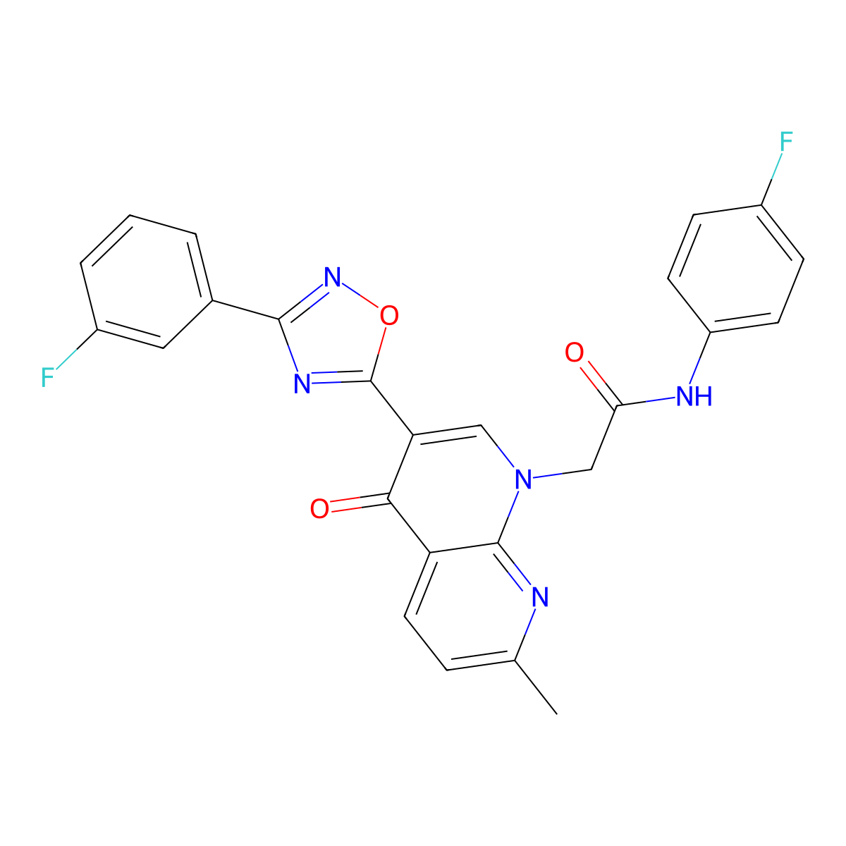 N-(4-fluorophenyl)-2-(3-(3-(3-fluorophenyl)-1,2,4-oxadiazol-5-yl)-7-methyl-4-oxo-1,8-naphthyridin-1(4H)-yl)acetamide molecular structure, CAS 1030132-85-4