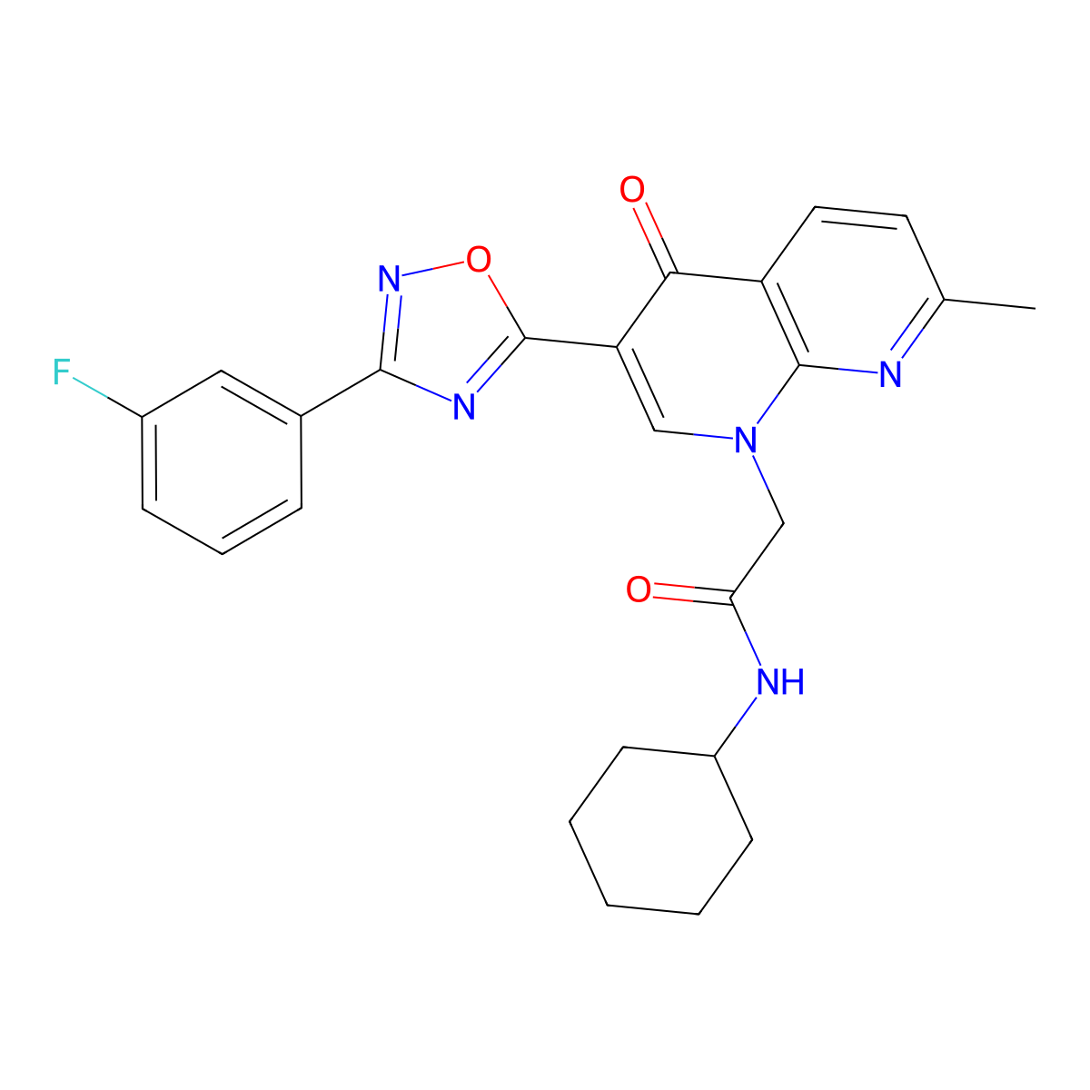 N-cyclohexyl-2-(3-(3-(3-fluorophenyl)-1,2,4-oxadiazol-5-yl)-7-methyl-4-oxo-1,8-naphthyridin-1(4H)-yl)acetamide molecular structure, CAS 1030133-05-1