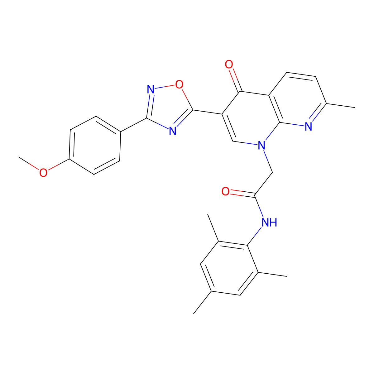2-{3-[3-(4-methoxyphenyl)-1,2,4-oxadiazol-5-yl]-7-methyl-4-oxo-1,4-dihydro-1,8-naphthyridin-1-yl}-N-(2,4,6-trimethylphenyl)acetamide molecular structure, CAS 1030133-20-0