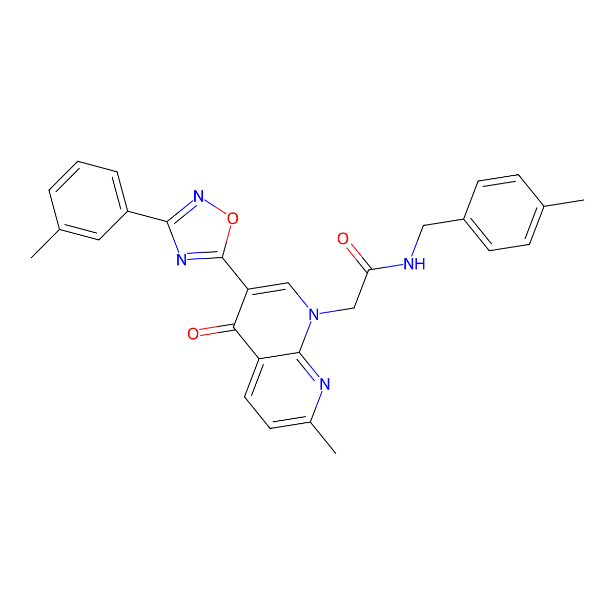 2-(7-methyl-4-oxo-3-(3-(m-tolyl)-1,2,4-oxadiazol-5-yl)-1,8-naphthyridin-1(4H)-yl)-N-(4-methylbenzyl)acetamide molecular structure, CAS 1030133-50-6