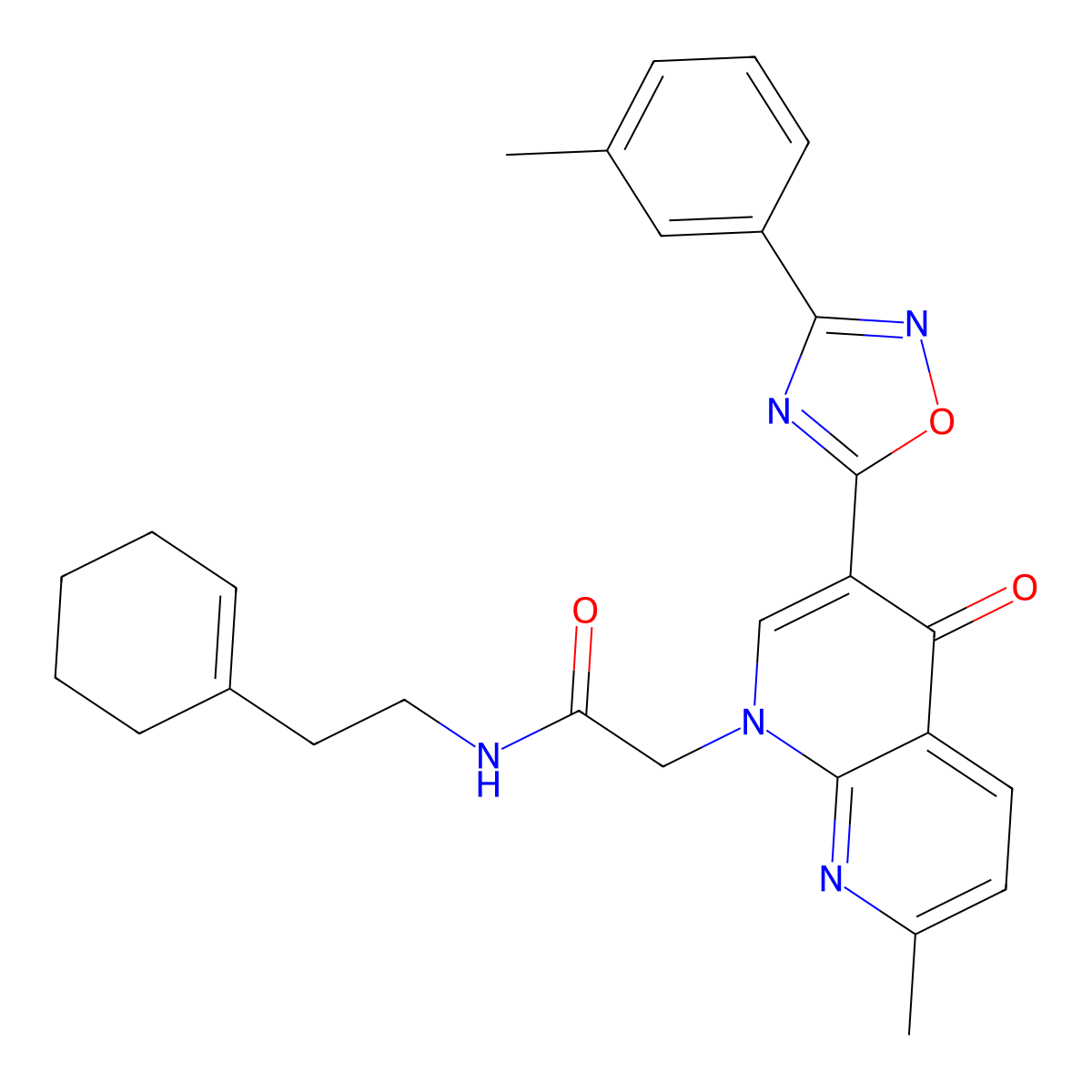 N-[2-(cyclohex-1-en-1-yl)ethyl]-2-{7-methyl-3-[3-(3-methylphenyl)-1,2,4-oxadiazol-5-yl]-4-oxo-1,4-dihydro-1,8-naphthyridin-1-yl}acetamide molecular structure, CAS 1030133-56-2