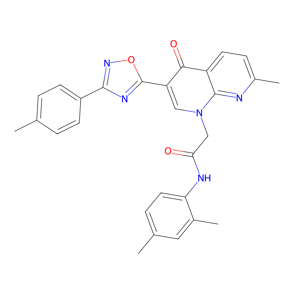 N-(2,4-dimethylphenyl)-2-(7-methyl-4-oxo-3-(3-(p-tolyl)-1,2,4-oxadiazol-5-yl)-1,8-naphthyridin-1(4H)-yl)acetamide molecular structure, CAS 1030133-62-0