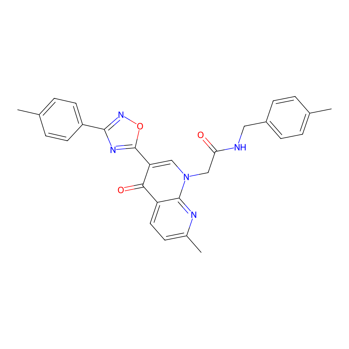 2-(7-methyl-4-oxo-3-(3-(p-tolyl)-1,2,4-oxadiazol-5-yl)-1,8-naphthyridin-1(4H)-yl)-N-(4-methylbenzyl)acetamide molecular structure, CAS 1030133-92-6