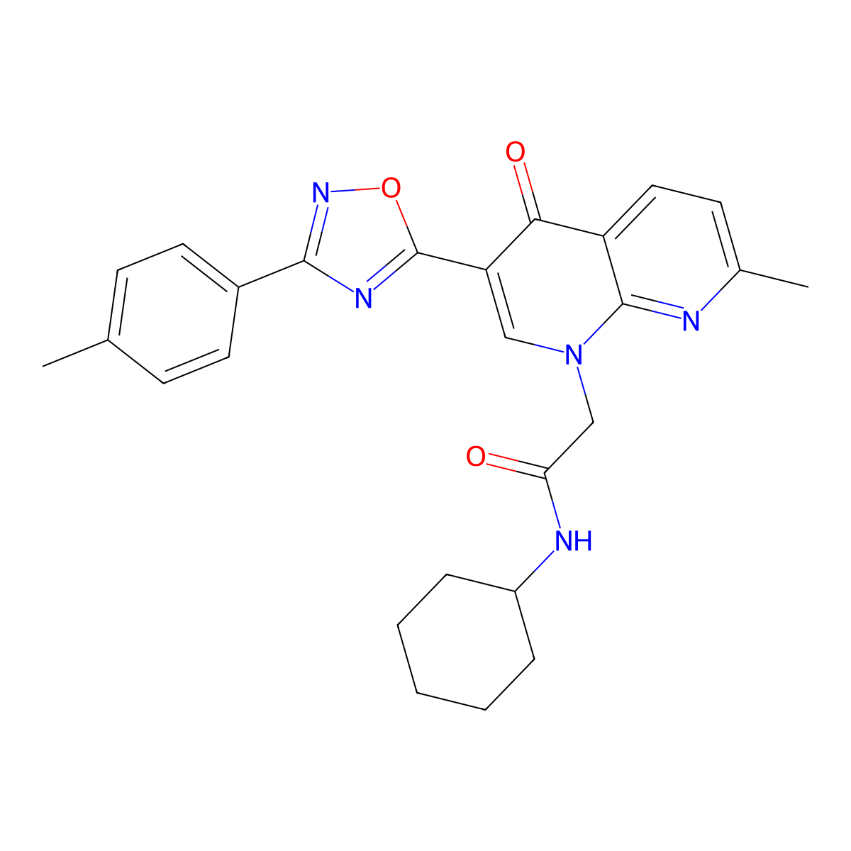N-cyclohexyl-2-{7-methyl-3-[3-(4-methylphenyl)-1,2,4-oxadiazol-5-yl]-4-oxo-1,4-dihydro-1,8-naphthyridin-1-yl}acetamide molecular structure, CAS 1030133-97-1