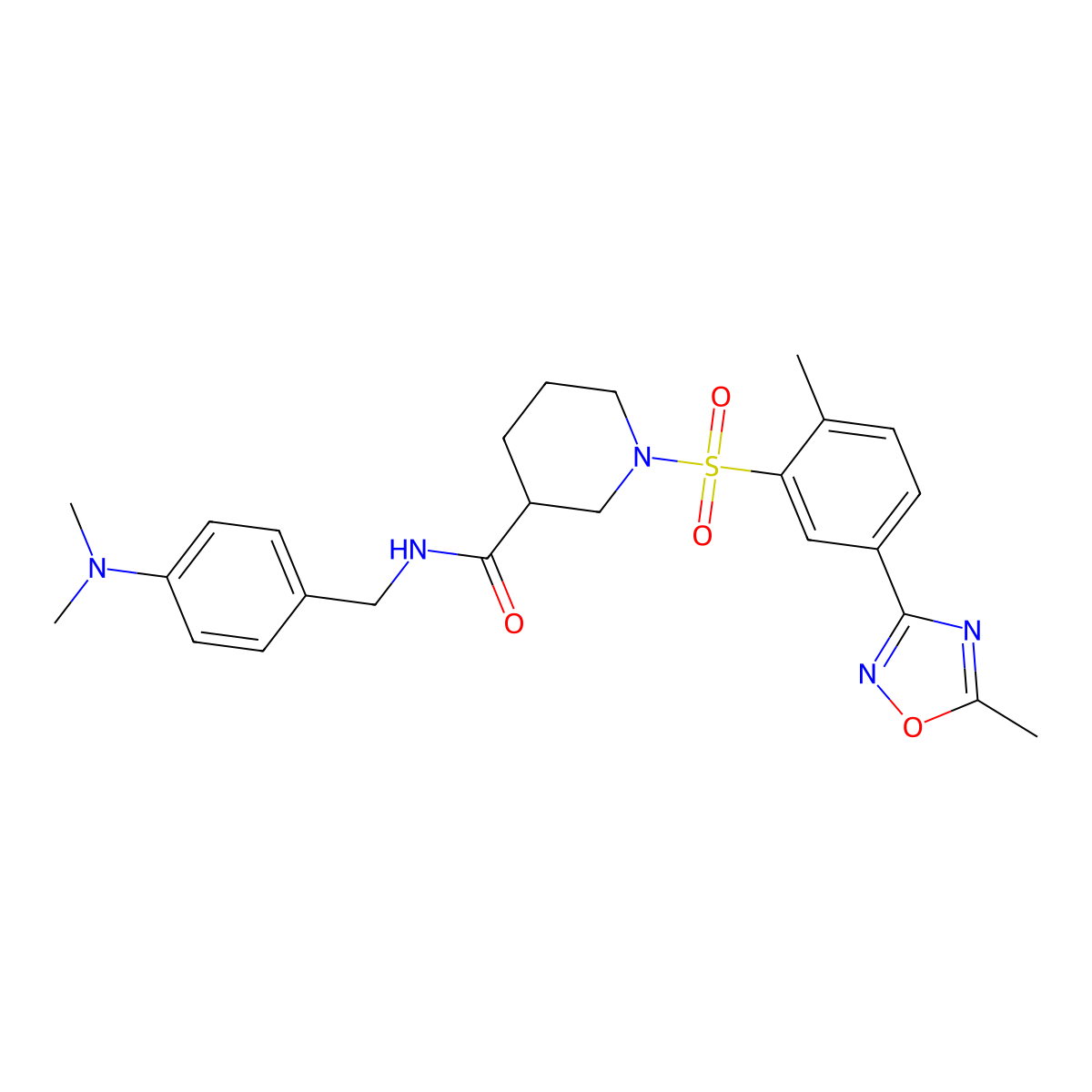 N-(4-(Dimethylamino)benzyl)-1-((2-methyl-5-(5-methyl-1,2,4-oxadiazol-3-yl)phenyl)sulfonyl)piperidine-3-carboxamide molecular structure, CAS 1030134-11-2
