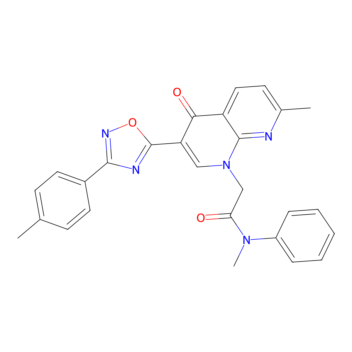 N-methyl-2-{7-methyl-3-[3-(4-methylphenyl)-1,2,4-oxadiazol-5-yl]-4-oxo-1,4-dihydro-1,8-naphthyridin-1-yl}-N-phenylacetamide molecular structure, CAS 1030134-18-9