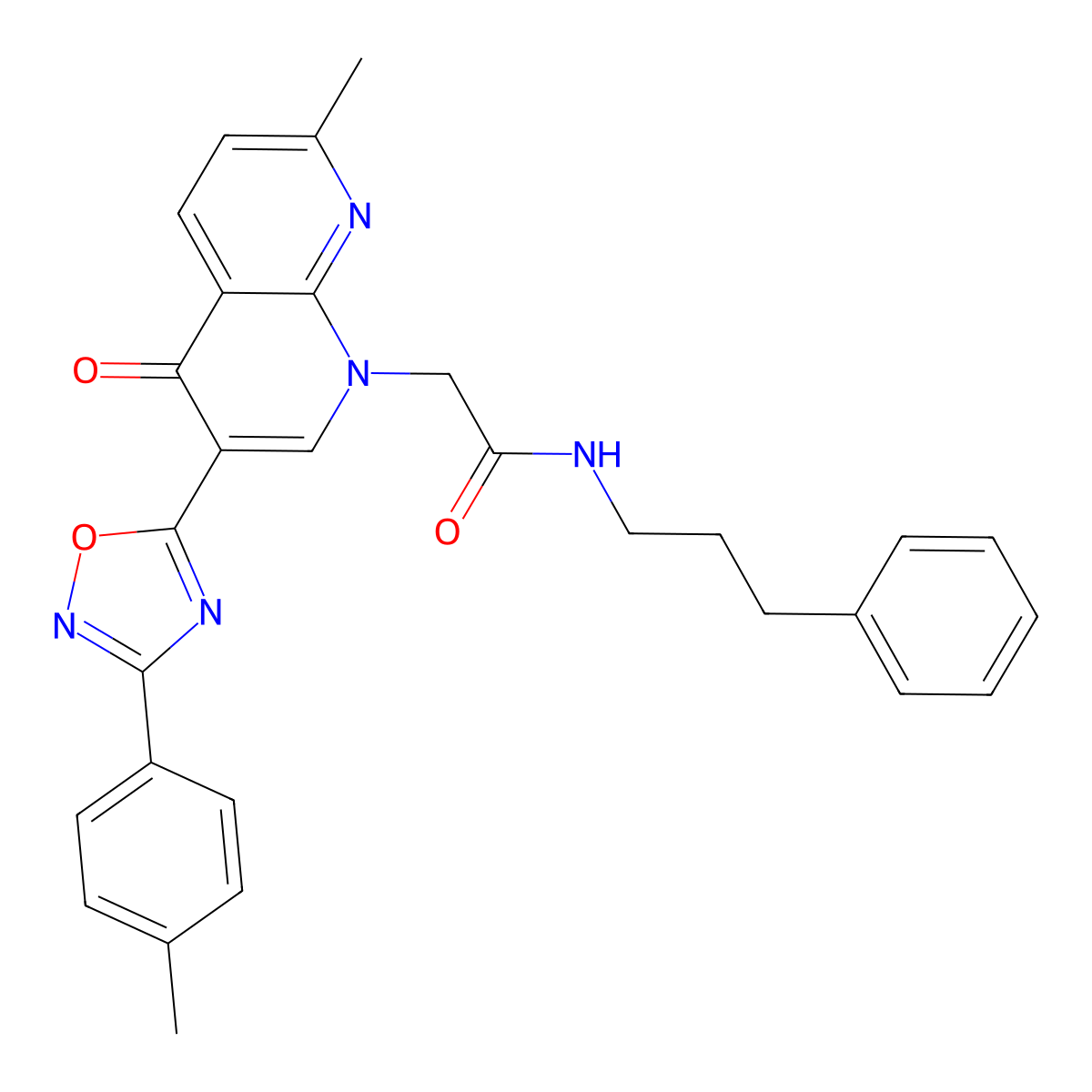 2-{7-methyl-3-[3-(4-methylphenyl)-1,2,4-oxadiazol-5-yl]-4-oxo-1,4-dihydro-1,8-naphthyridin-1-yl}-N-(3-phenylpropyl)acetamide molecular structure, CAS 1030134-39-4