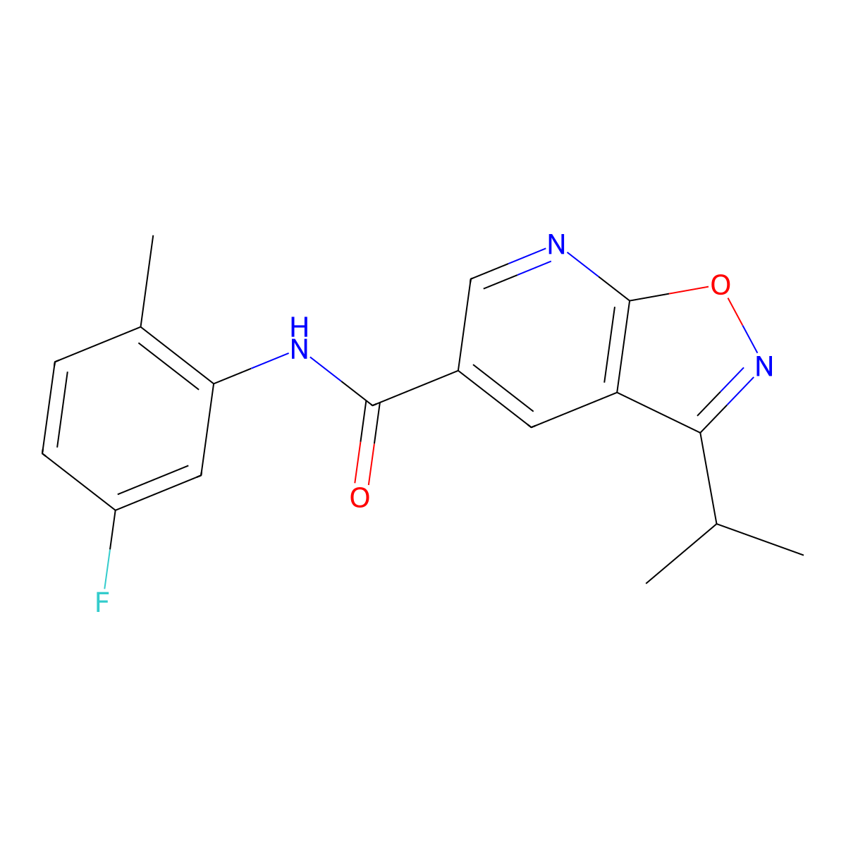 N-(5-fluoro-2-methylphenyl)-3-(propan-2-yl)-(1,2)oxazolo(5,4-b)pyridine-5-carboxamide molecular structure, CAS 1030156-71-8