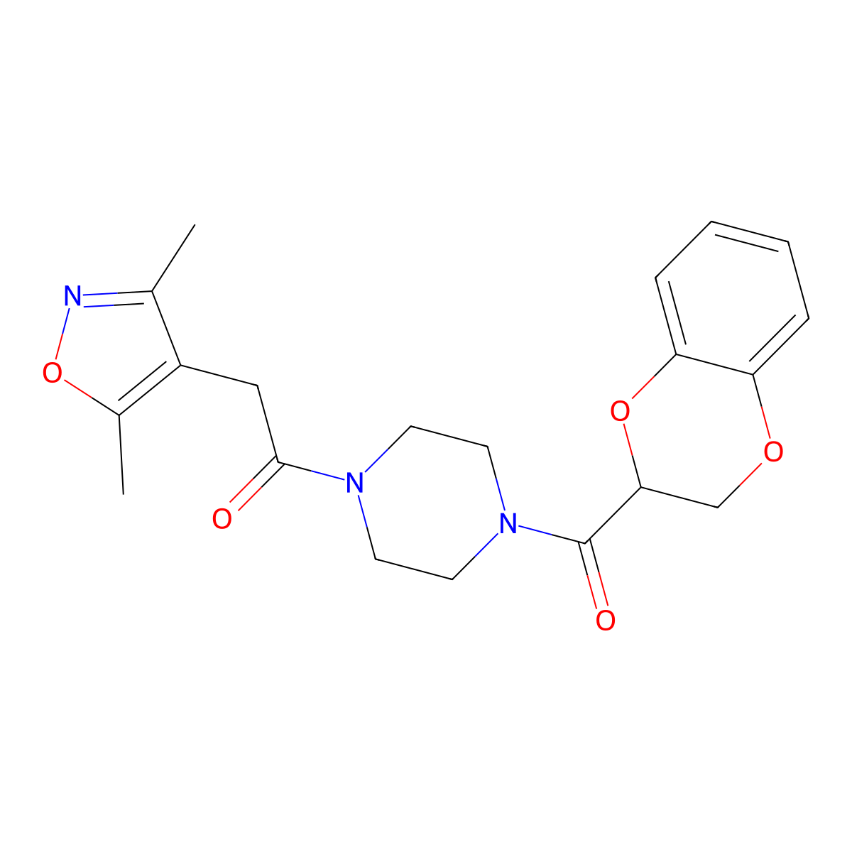 1-[4-(2,3-Dihydro-1,4-benzodioxin-2-ylcarbonyl)piperazin-1-yl]-2-(3,5-dimethyl-1,2-oxazol-4-yl)ethanone molecular structure, CAS 1030174-02-7