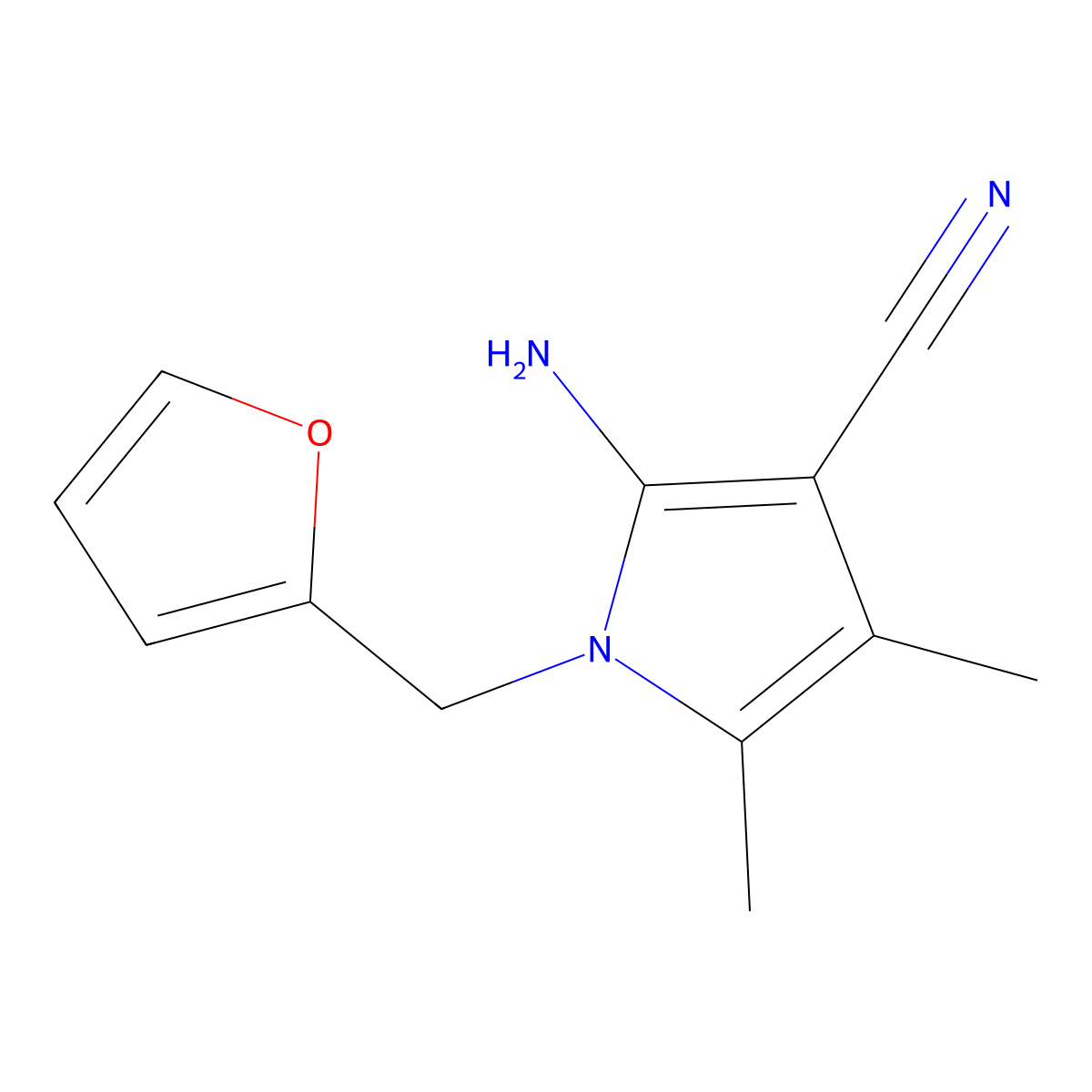 2-amino-1-(furan-2-ylmethyl)-4,5-dimethyl-1H-pyrrole-3-carbonitrile molecular structure, CAS 103026-02-4