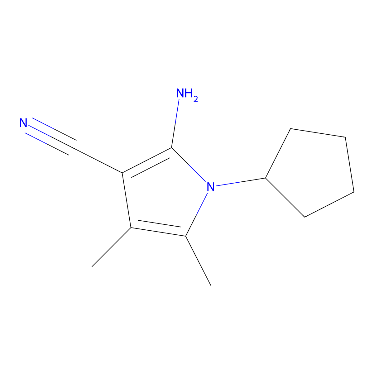 2-amino-1-cyclopentyl-4,5-dimethyl-1H-pyrrole-3-carbonitrile molecular structure, CAS 103026-11-5