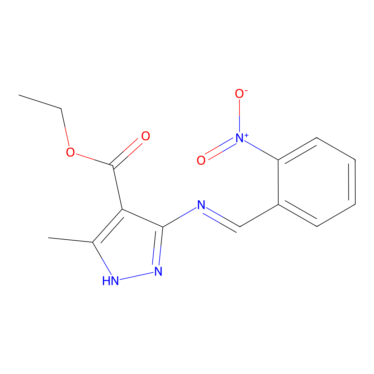 Ethyl 3-methyl-5-[[(2-nitrophenyl)methylene]amino]-1H-pyrazole-4-carboxylate molecular structure, CAS 1030285-59-6
