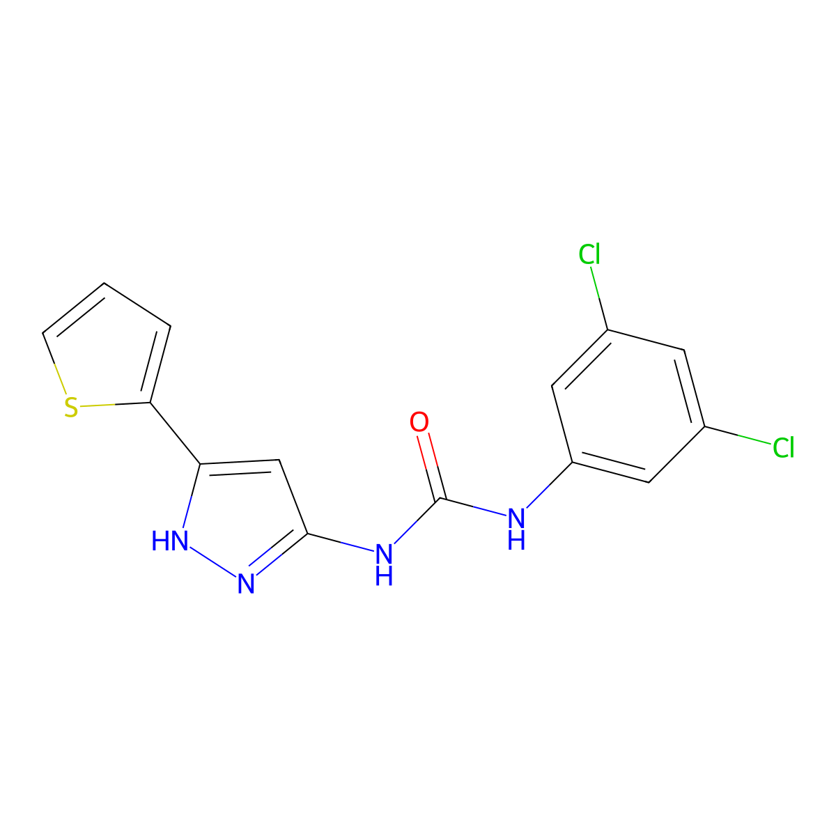 N-(3,5-Dichlorophenyl)-N'-[5-(thiophen-2-yl)-1H-pyrazol-3-yl]urea molecular structure, CAS 1030313-55-3