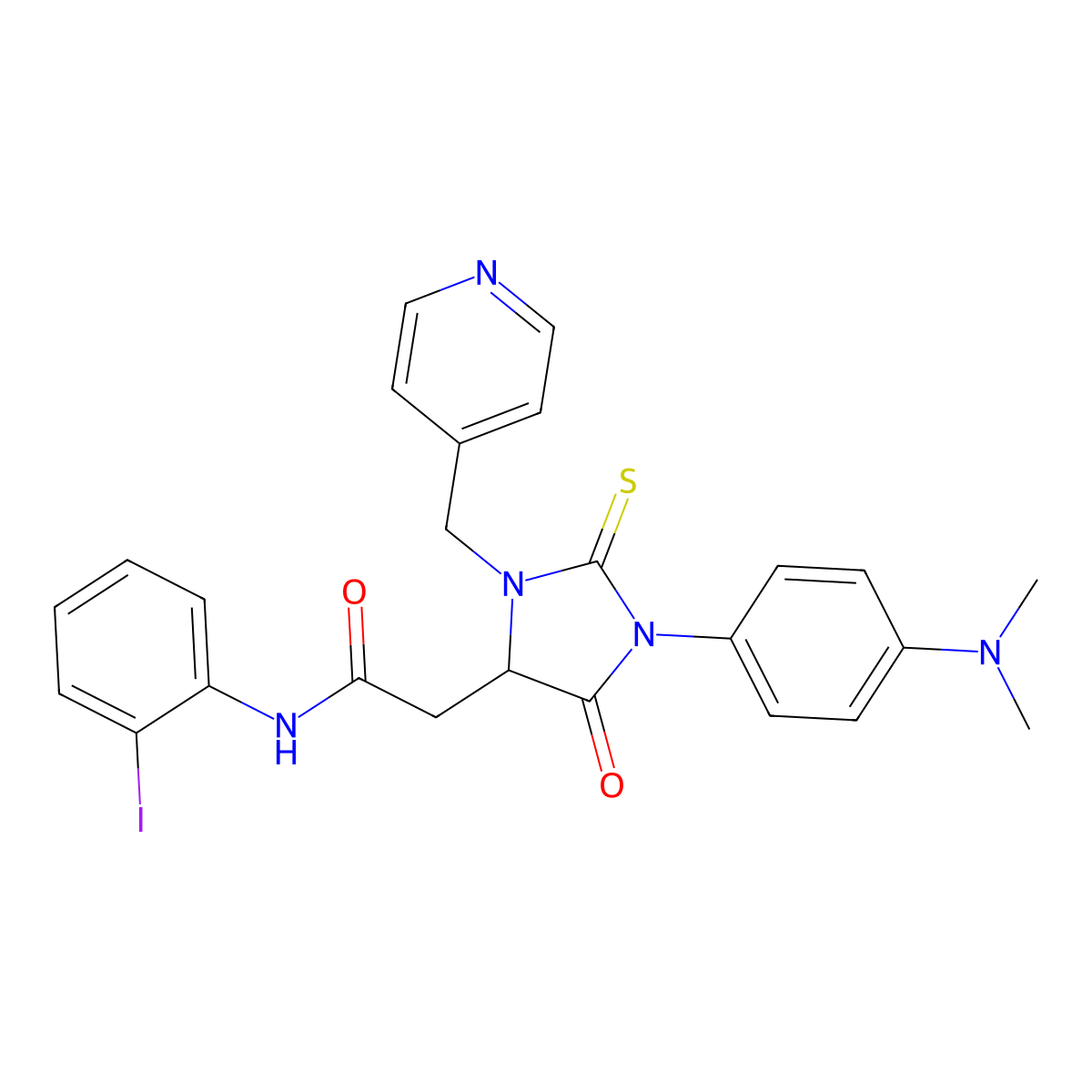 2-[1-[4-(dimethylamino)phenyl]-5-oxo-3-(4-pyridinylmethyl)-2-thioxo-4-imidazolidinyl]-N-(2-iodophenyl)acetamide molecular structure, CAS 1030313-63-3