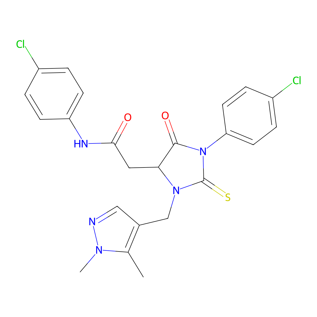 N-(4-chlorophenyl)-2-[1-(4-chlorophenyl)-3-[(1,5-dimethylpyrazol-4-yl)methyl]-5-oxo-2-sulfanylideneimidazolidin-4-yl]acetamide molecular structure, CAS 1030313-71-3