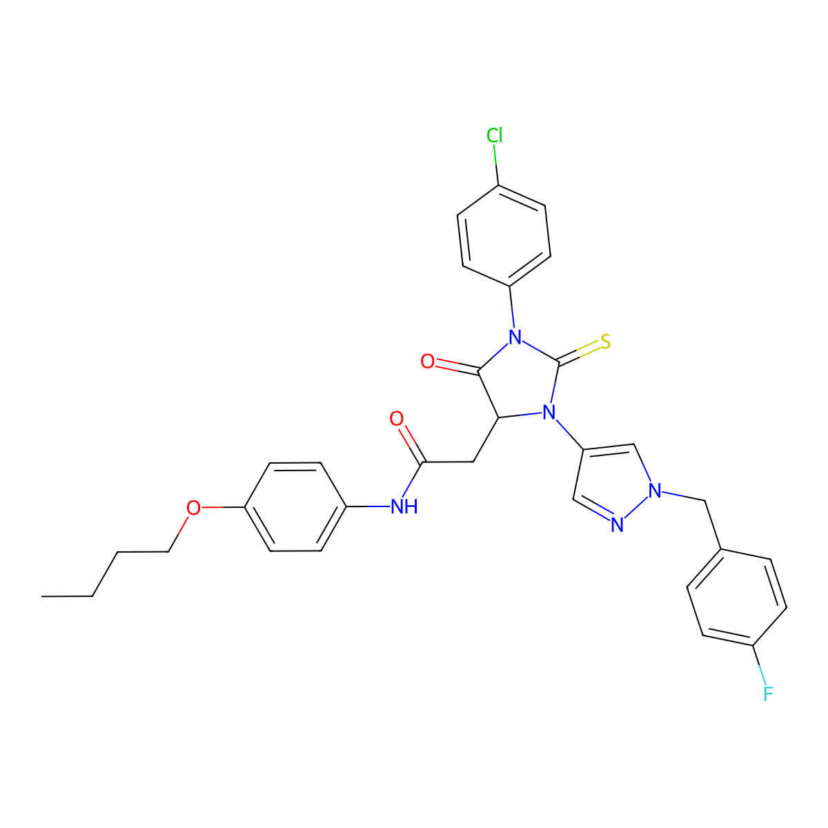 N-(4-butoxyphenyl)-2-[1-(4-chlorophenyl)-3-[1-[(4-fluorophenyl)methyl]pyrazol-4-yl]-5-oxo-2-sulfanylideneimidazolidin-4-yl]acetamide molecular structure, CAS 1030313-72-4