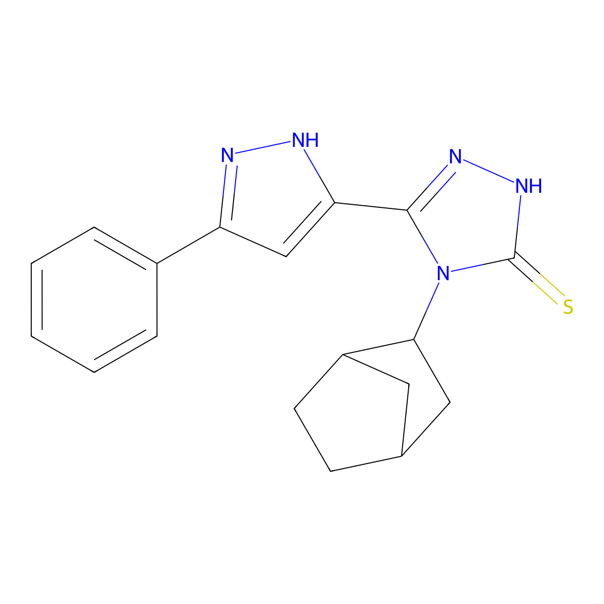 4-bicyclo[2.2.1]hept-2-yl-5-(3-phenyl-1H-pyrazol-5-yl)-4H-1,2,4-triazol-3-yl hydrosulfide molecular structure, CAS 1030316-61-0