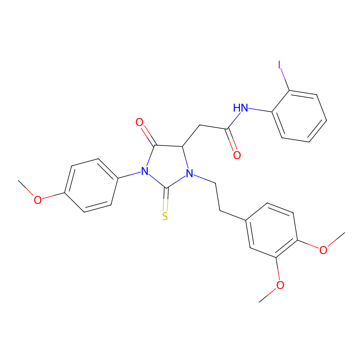 2-[3-[2-(3,4-dimethoxyphenyl)ethyl]-1-(4-methoxyphenyl)-5-oxo-2-sulfanylideneimidazolidin-4-yl]-N-(2-iodophenyl)acetamide molecular structure, CAS 1030340-57-8