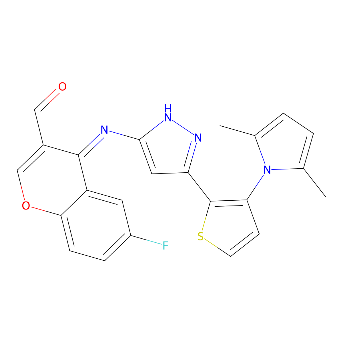 4-[[5-[3-(2,5-dimethylpyrrol-1-yl)thiophen-2-yl]-1H-pyrazol-3-yl]imino]-6-fluorochromene-3-carbaldehyde molecular structure, CAS 1030385-90-0