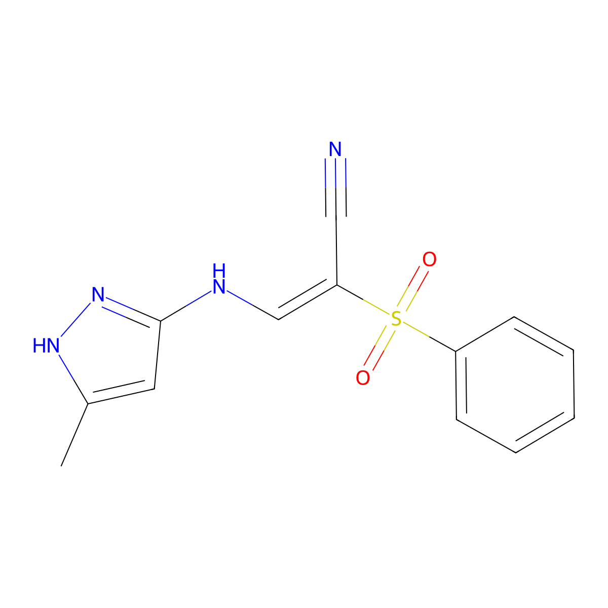 (E)-2-(benzenesulfonyl)-3-[(5-methyl-1H-pyrazol-3-yl)amino]prop-2-enenitrile molecular structure, CAS 1030385-94-4