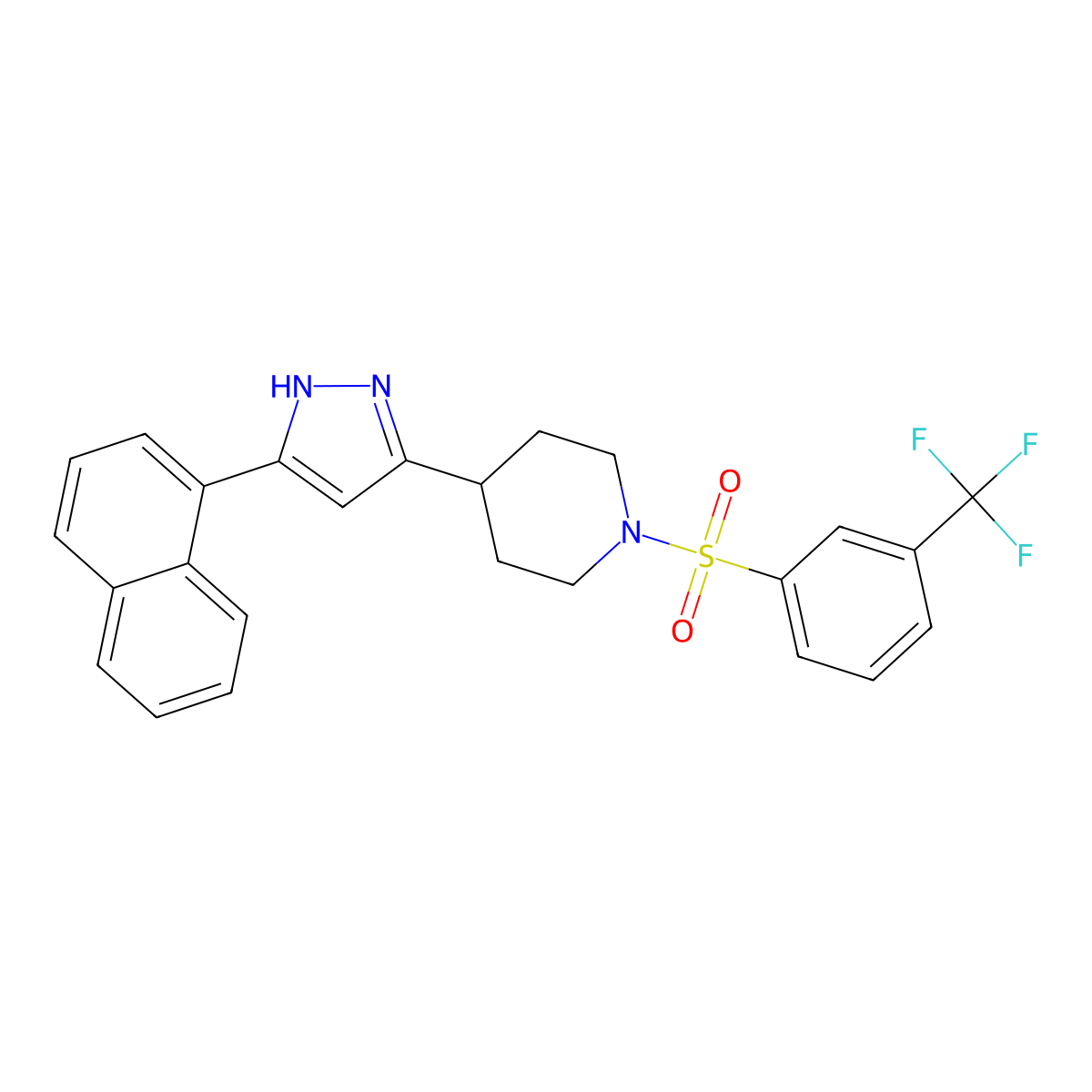 4-(3-naphthalen-1-yl-1H-pyrazol-5-yl)-1-[3-(trifluoromethyl)phenyl]sulfonylpiperidine molecular structure, CAS 1030386-12-9