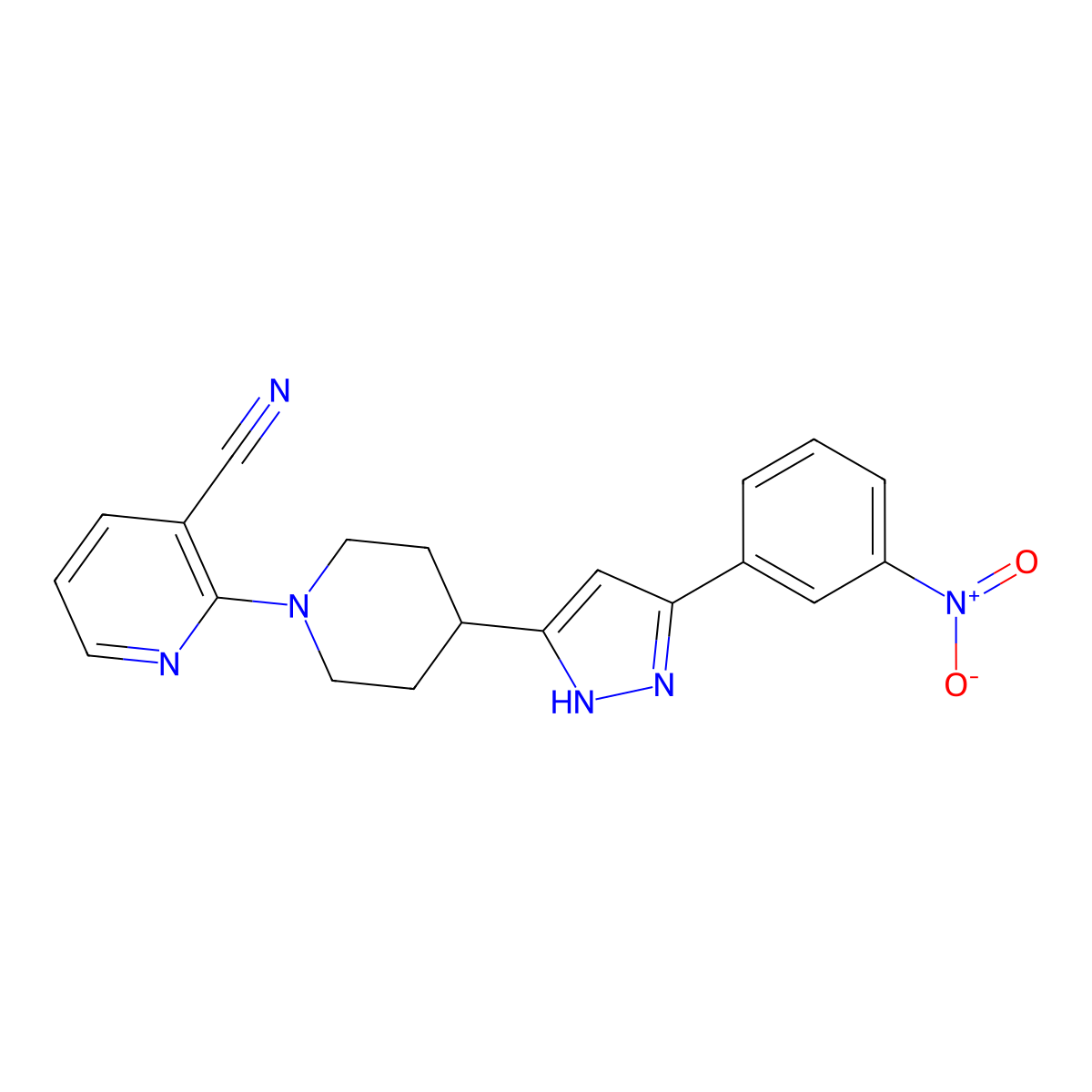 2-[4-[3-(3-nitrophenyl)-1H-pyrazol-5-yl]piperidin-1-yl]pyridine-3-carbonitrile molecular structure, CAS 1030386-17-4