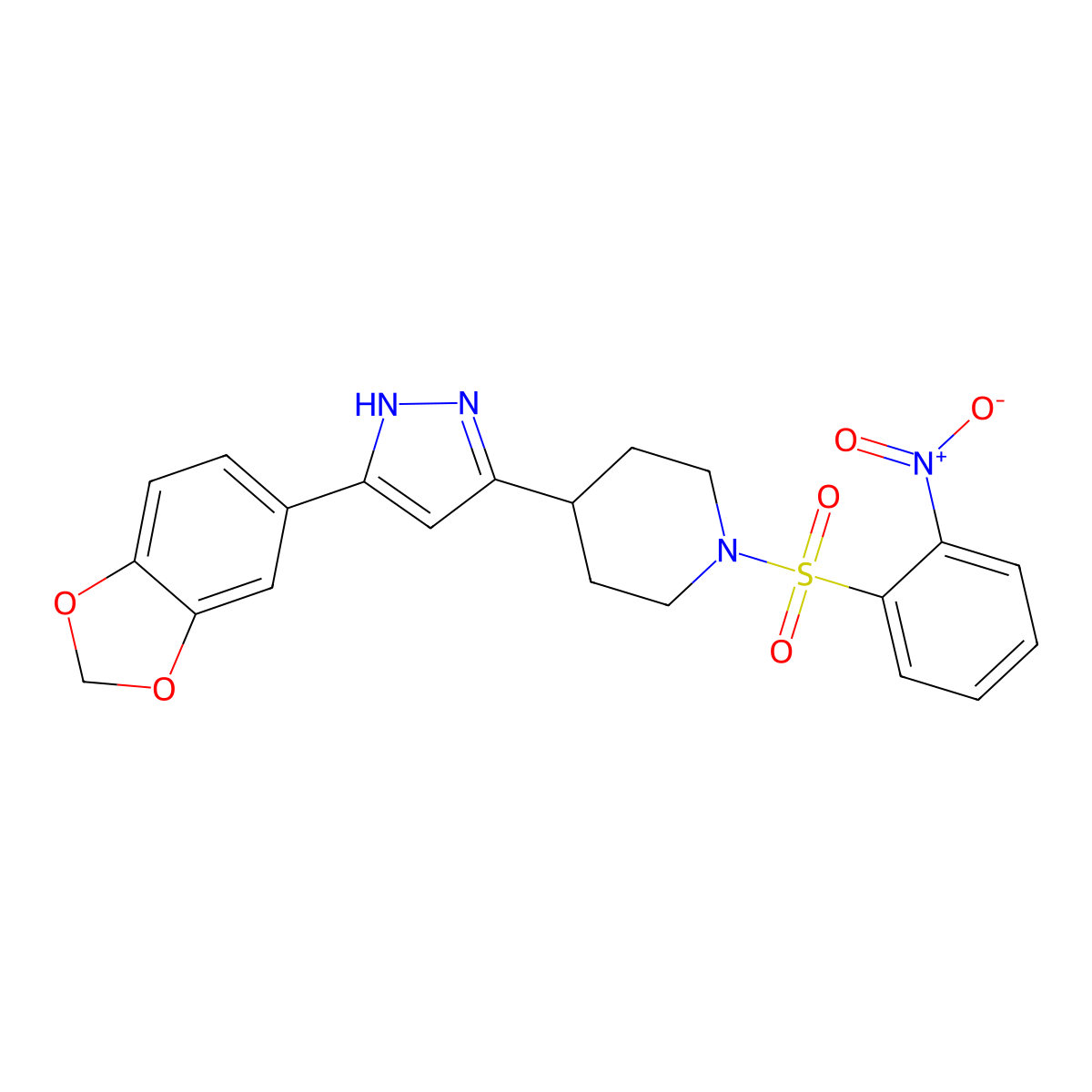4-[3-(1,3-benzodioxol-5-yl)-1H-pyrazol-5-yl]-1-(2-nitrophenyl)sulfonylpiperidine molecular structure, CAS 1030386-38-9