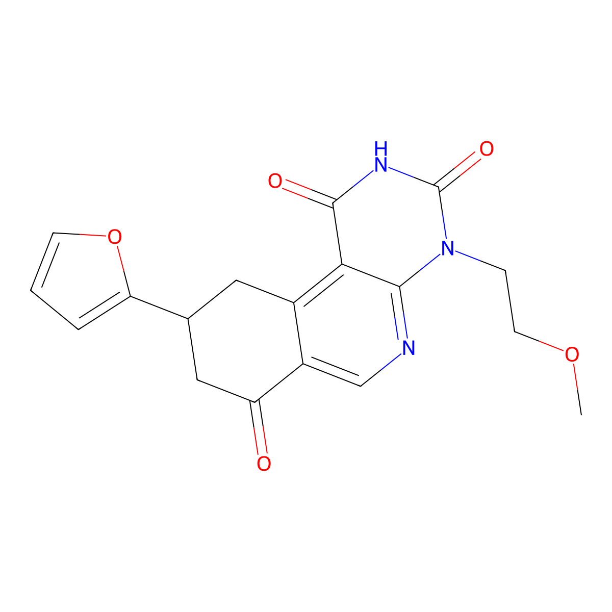 9-(furan-2-yl)-4-(2-methoxyethyl)-9,10-dihydropyrimido[4,5-c]isoquinoline-1,3,7(2H,4H,8H)-trione molecular structure, CAS 1030450-52-2