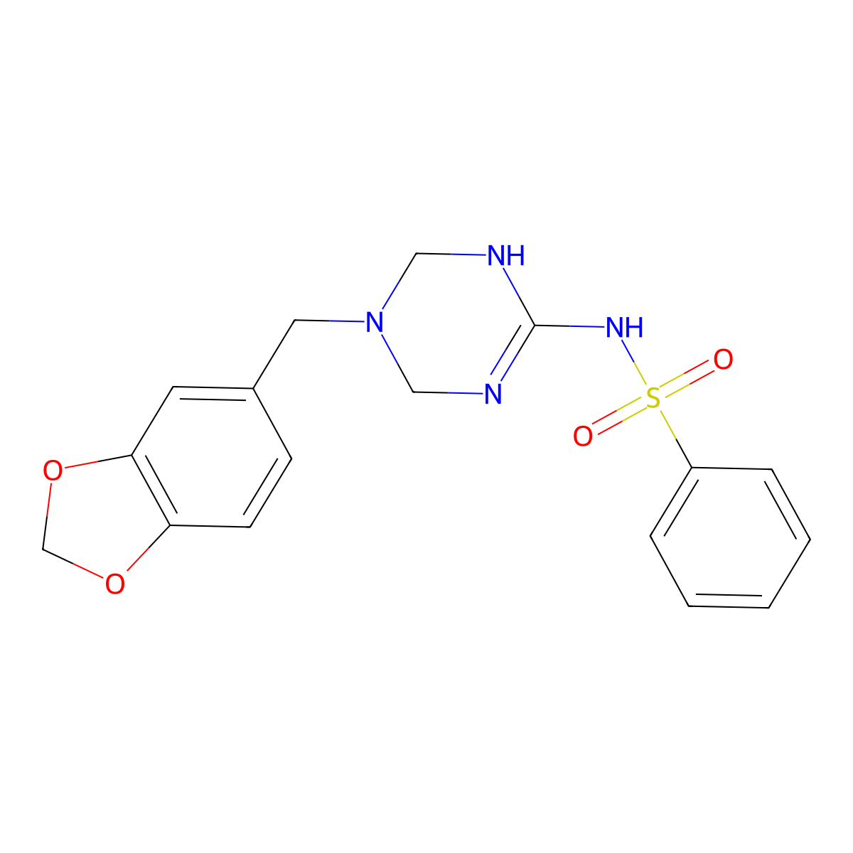N-[5-(1,3-benzodioxol-5-ylmethyl)-1,4,5,6-tetrahydro-1,3,5-triazin-2-yl]benzenesulfonamide molecular structure, CAS 1030467-07-2