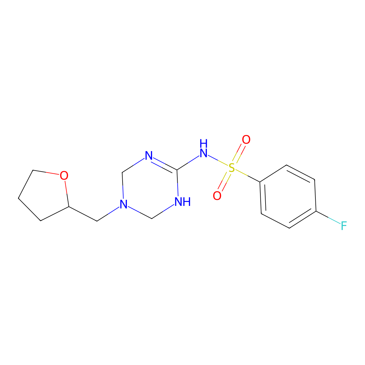 4-fluoro-N-[5-(tetrahydrofuran-2-ylmethyl)-1,4,5,6-tetrahydro-1,3,5-triazin-2-yl]benzenesulfonamide molecular structure, CAS 1030467-46-9