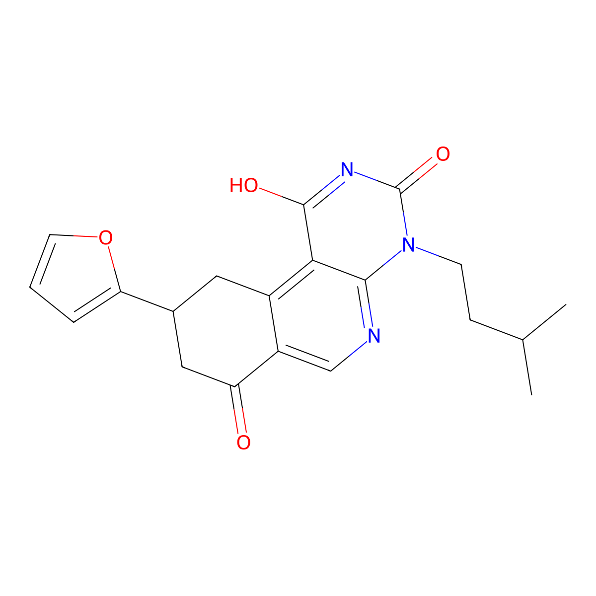 9-(furan-2-yl)-1-hydroxy-4-(3-methylbutyl)-9,10-dihydropyrimido[4,5-c]isoquinoline-3,7(4H,8H)-dione molecular structure, CAS 1030480-18-2