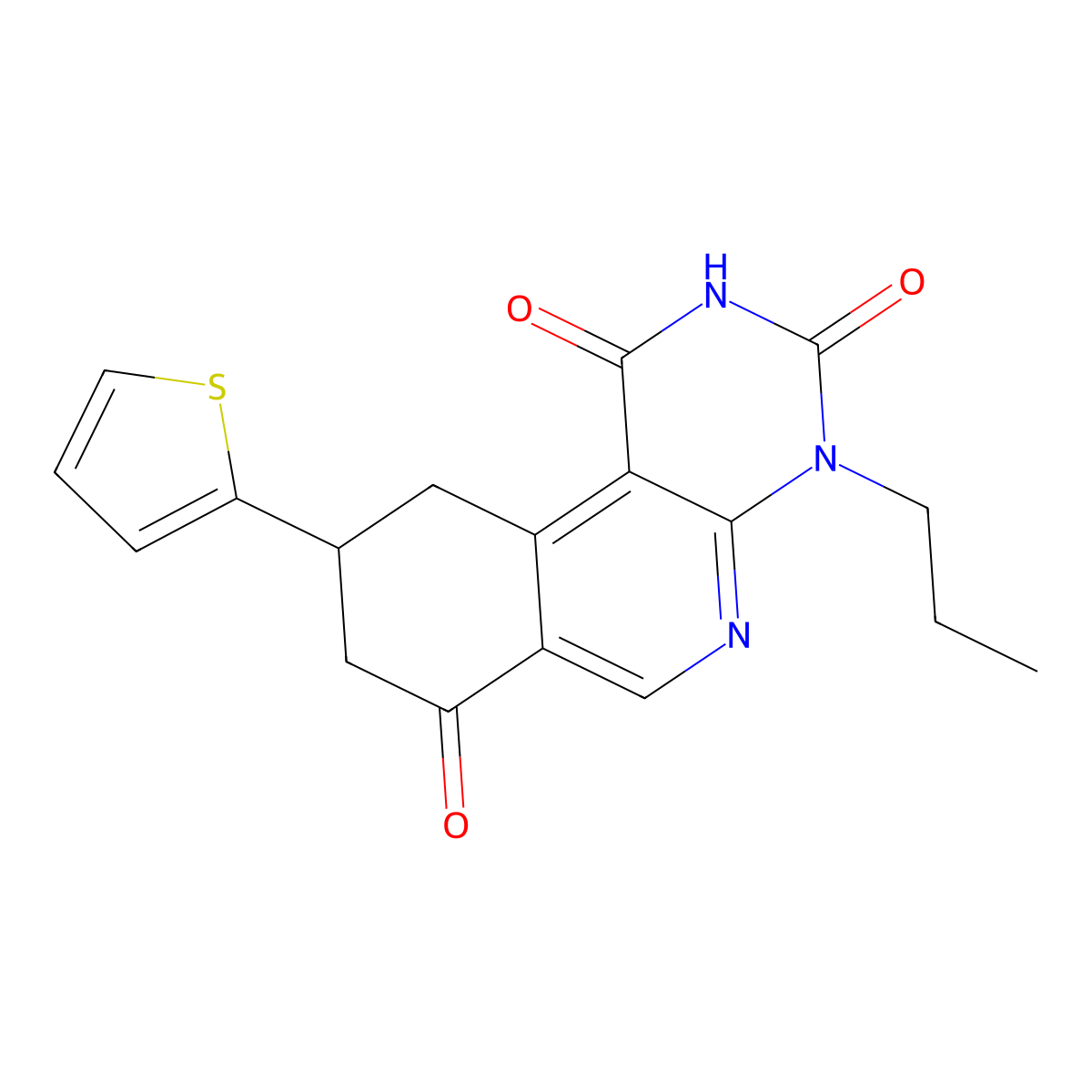 4-propyl-9-(thiophen-2-yl)-9,10-dihydropyrimido[4,5-c]isoquinoline-1,3,7(2H,4H,8H)-trione molecular structure, CAS 1030480-33-1