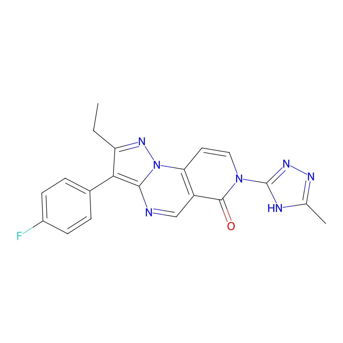 2-ethyl-3-(4-fluorophenyl)-7-(5-methyl-4H-1,2,4-triazol-3-yl)pyrazolo[1,5-a]pyrido[3,4-e]pyrimidin-6(7H)-one molecular structure, CAS 1030481-85-6