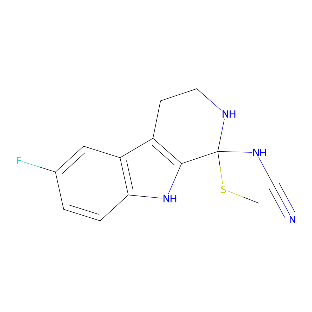 [6-fluoro-1-(methylsulfanyl)-2,3,4,9-tetrahydro-1H-beta-carbolin-1-yl]cyanamide molecular structure, CAS 1030518-30-9
